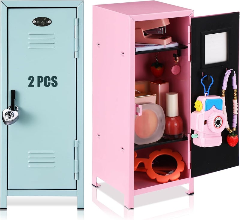 Vercraft 2 Pcs Mini Metal Locker Storage with Lock and 2 Keys 10.8 Inch Small Money Security and Cash Safe Box for Jewelry Back to School Home Office Desktop Container(Pink Teal) - Image 1